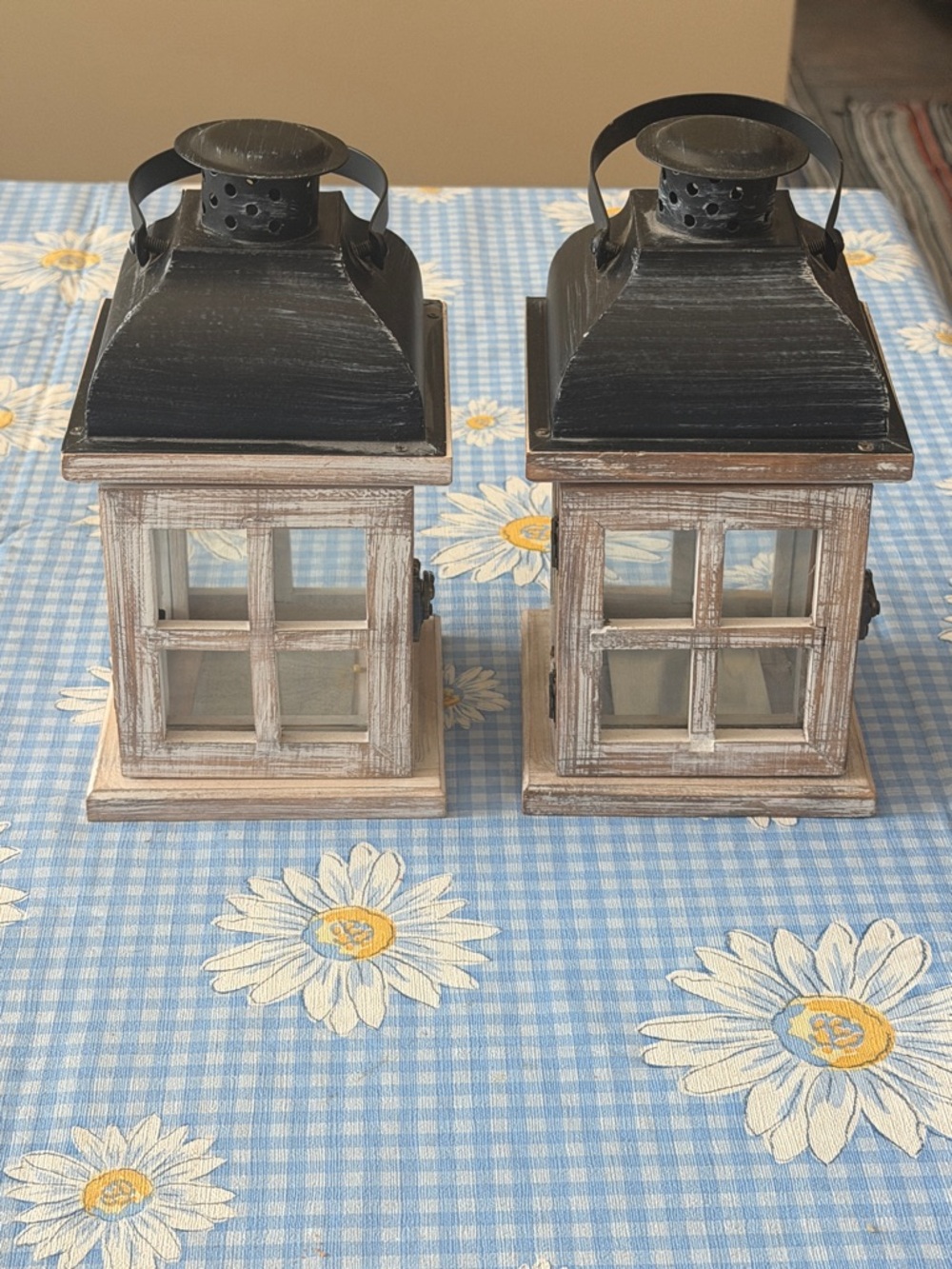 EUC~Set Of 2 Rustic Black & Gray Distressed Wood Lantern Votive Candle Holders